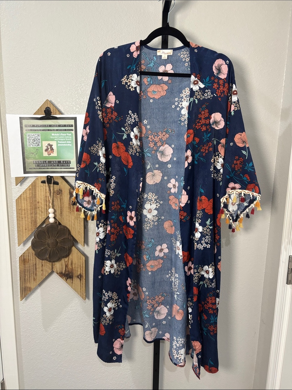 Misia Navy Floral Tassel Trim Kimono